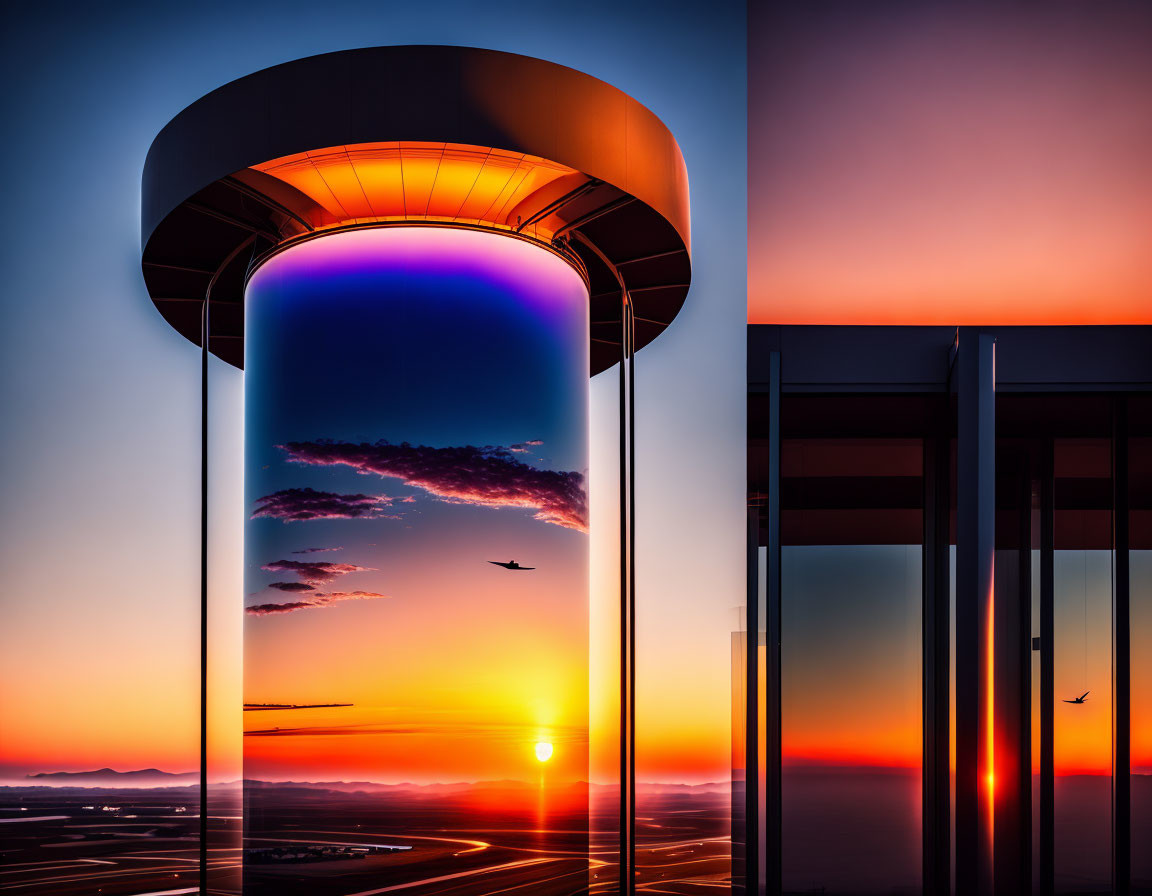 Circular top modern structure against vibrant sunset sky with plane silhouette.