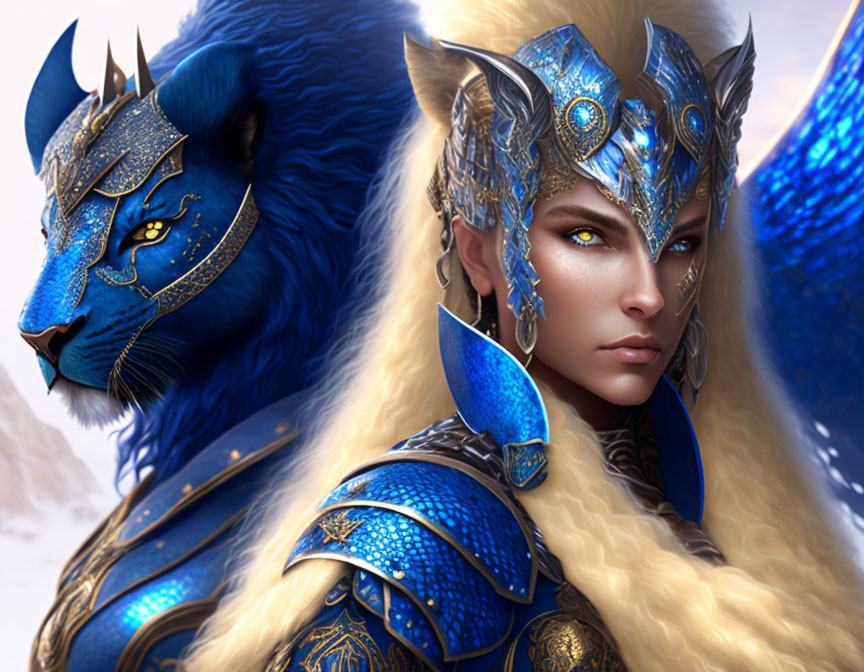 Woman and blue lion in ornate blue and gold armor on snowy backdrop