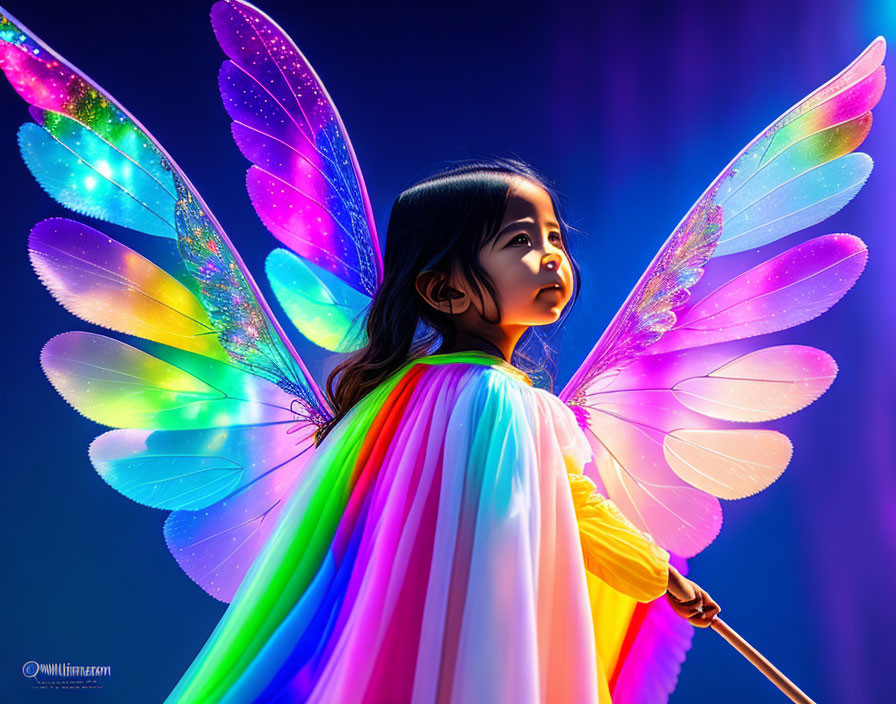 Child in Colorful Cape with Vibrant Butterfly Wings on Blue Background
