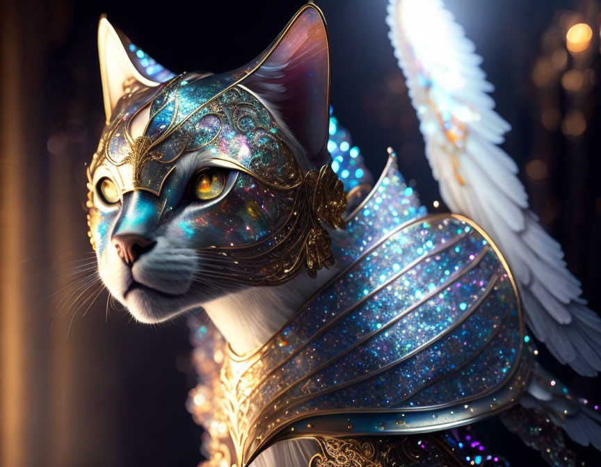 Majestic cat with blue wings in golden armor and mask on blurred backdrop