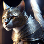 Majestic cat with blue wings in golden armor and mask on blurred backdrop