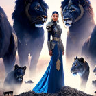 Woman and blue lion in ornate blue and gold armor on snowy backdrop