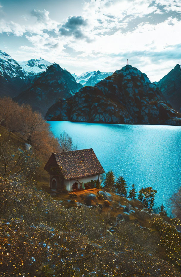 Tranquil lake at twilight with cottage, flowers, and mountains