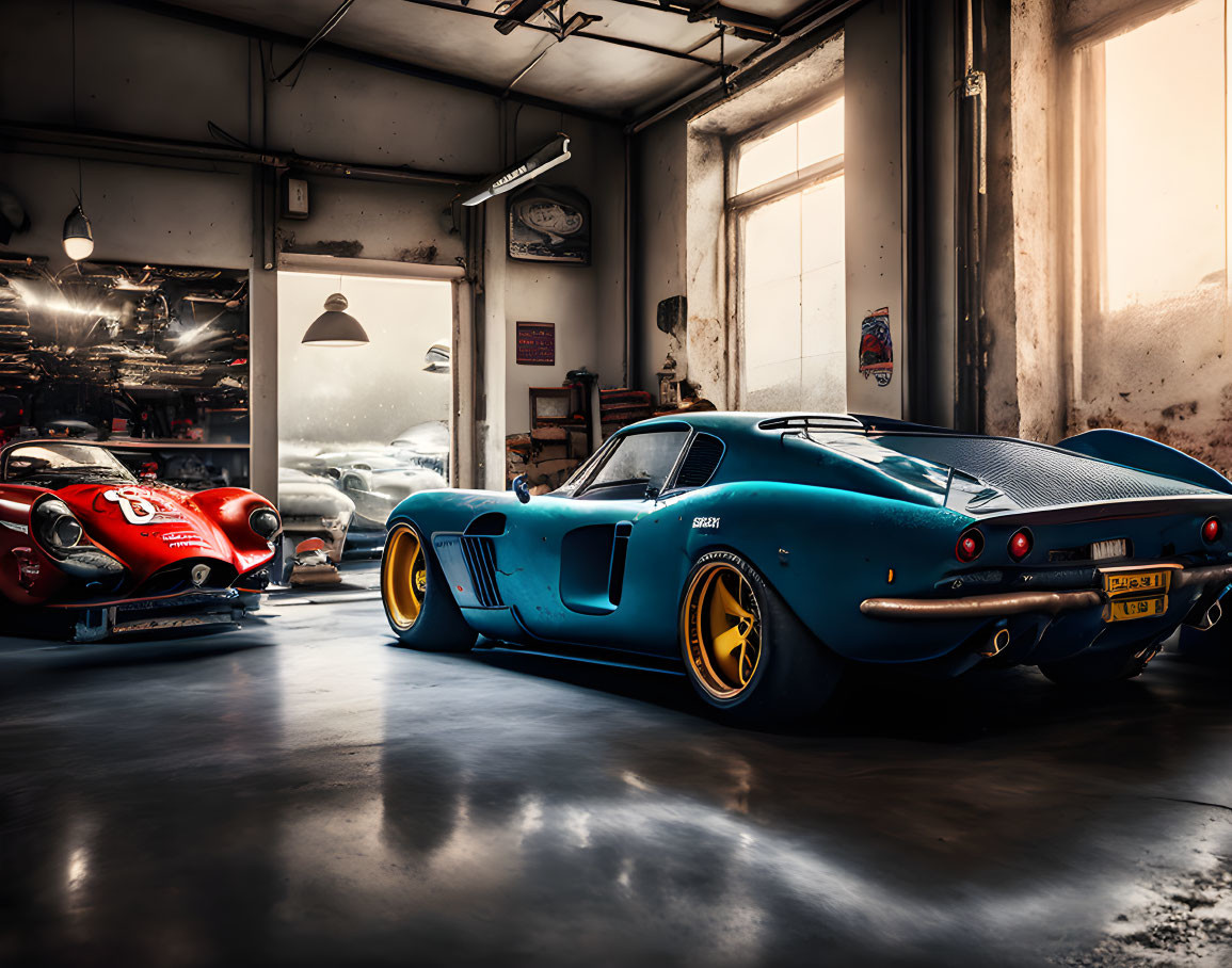 Vintage garage with classic blue sports car and yellow rims beside red car and mechanical tools under warm lighting