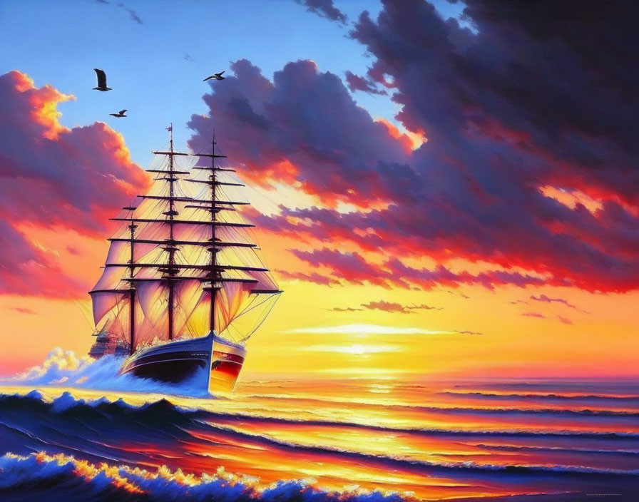 Sailing ship with multiple masts under vibrant sunset sky