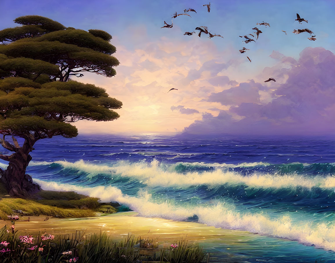 Tranquil sunset seascape with crashing waves, lush tree, birds, and purple sky