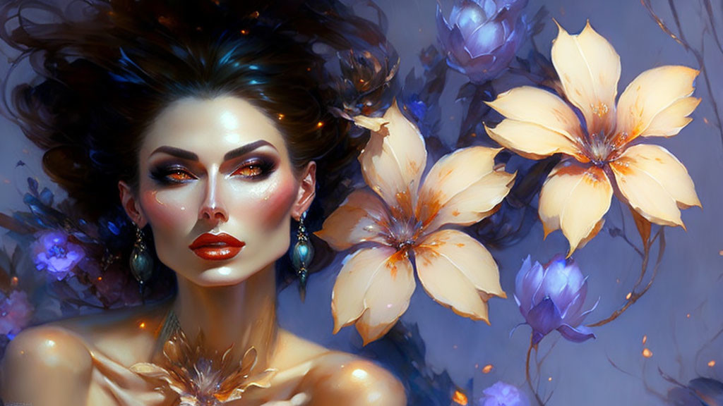 Illustrated portrait of woman with dramatic makeup and vibrant gold & purple flowers