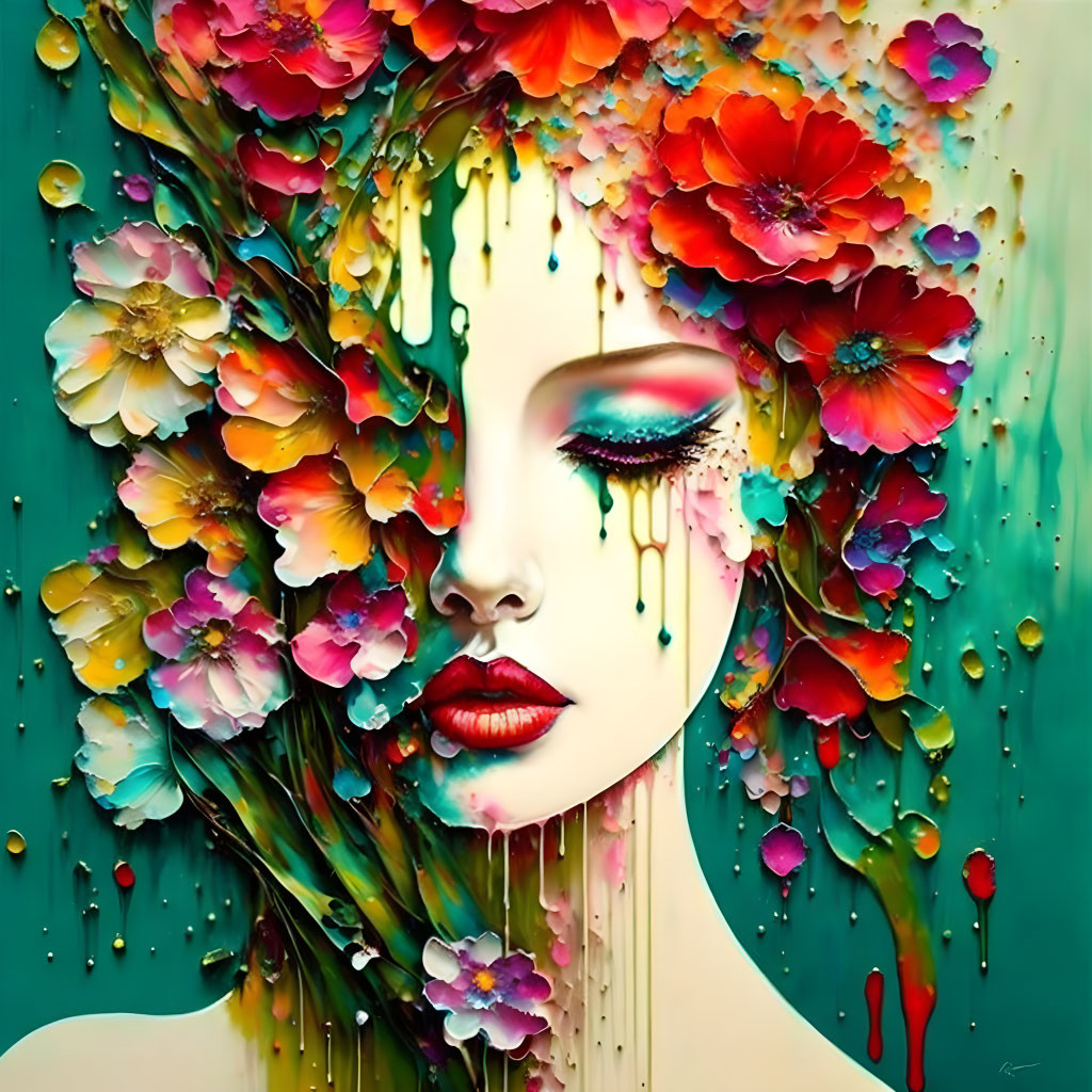 Colorful Woman's Face Artwork with Flower Hair and Paint Drips