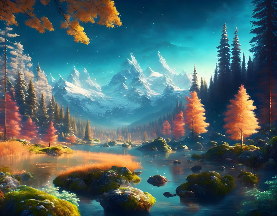 Serene fantasy landscape with river, autumnal trees, mountains, blue sky