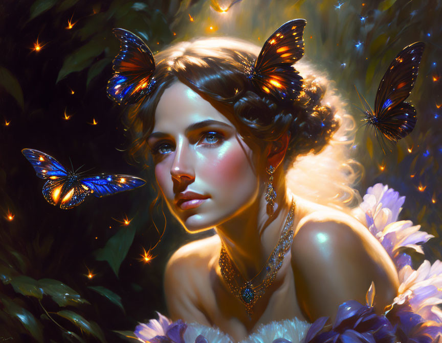 Portrait of woman with luminescent butterflies, sparkling lights, and matching jewelry in mystical setting