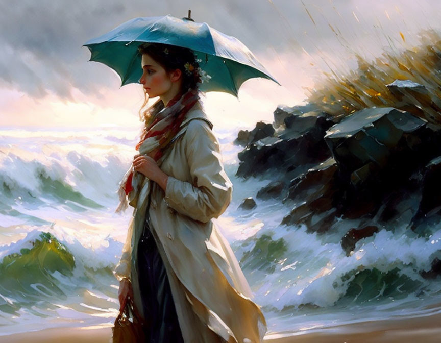 Woman with umbrella by the sea in stormy weather