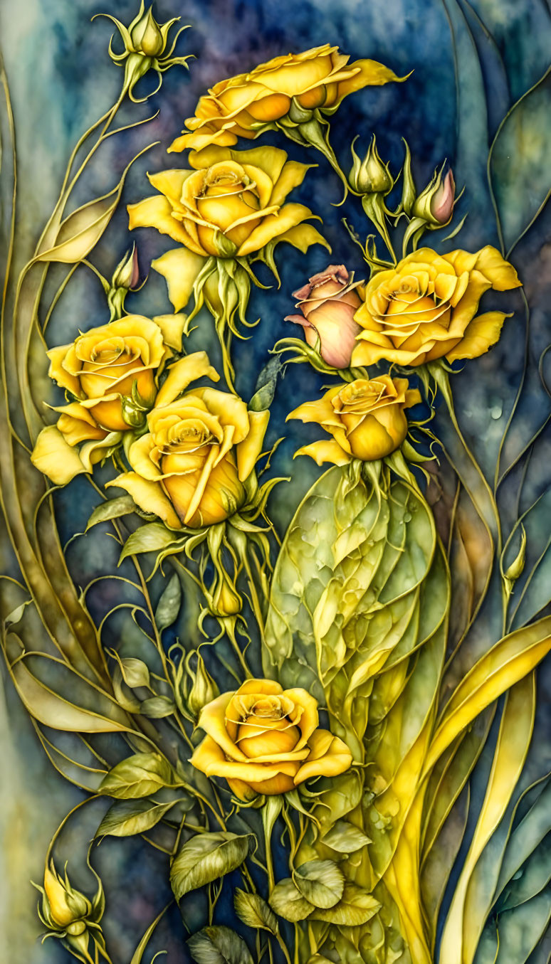 Yellow Roses Blooming in Artistic Stained Glass Style