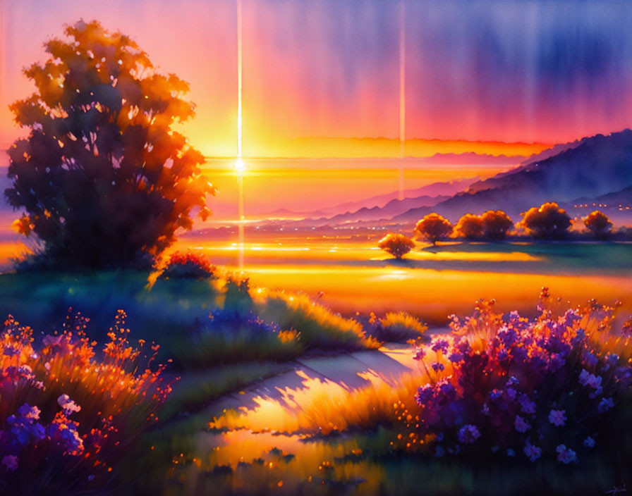 Colorful sunset painting with flower meadow, stream, and hills