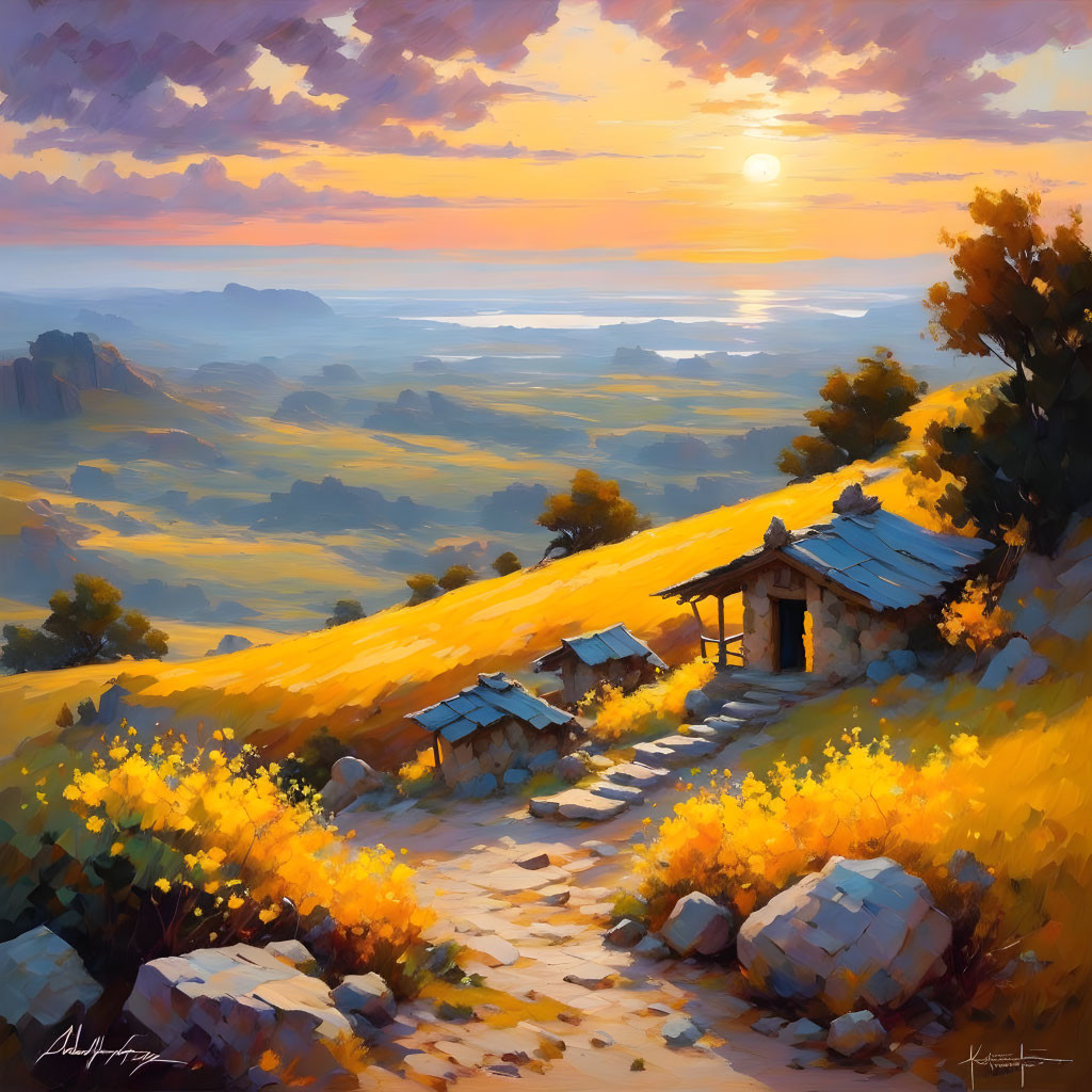 Tranquil sunset landscape with stone path, small houses, and golden fields