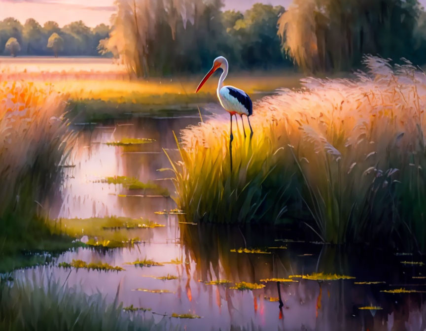 Tranquil wetland dusk scene with stork and glowing reeds