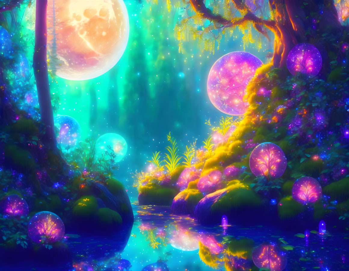 Fantasy landscape with glowing orbs, reflective waterway, luminous foliage, and multiple moons