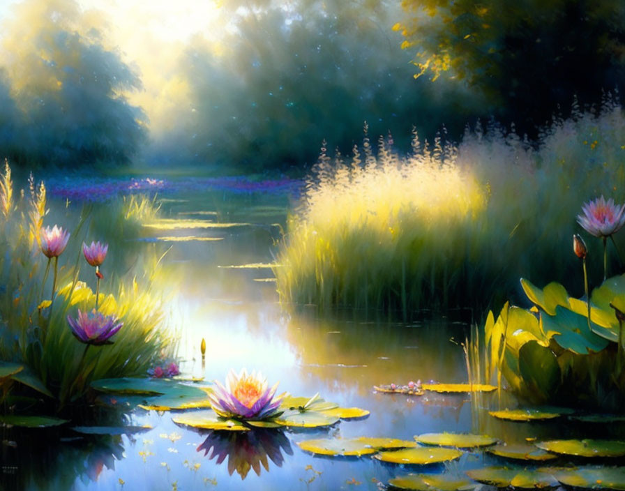 Tranquil pond scene with water lilies and tall grass in soft sunlight