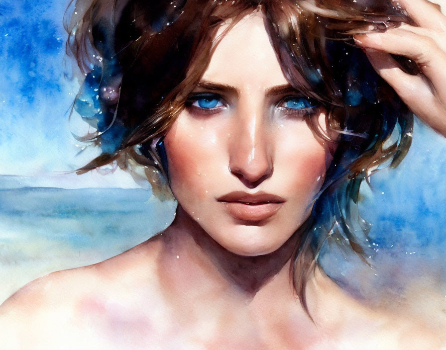 Ethereal watercolor portrait of woman with wavy hair and blue eyes