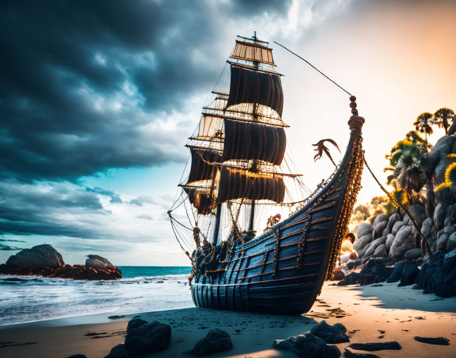 Old sailing ship beached under dramatic sunset with palm trees