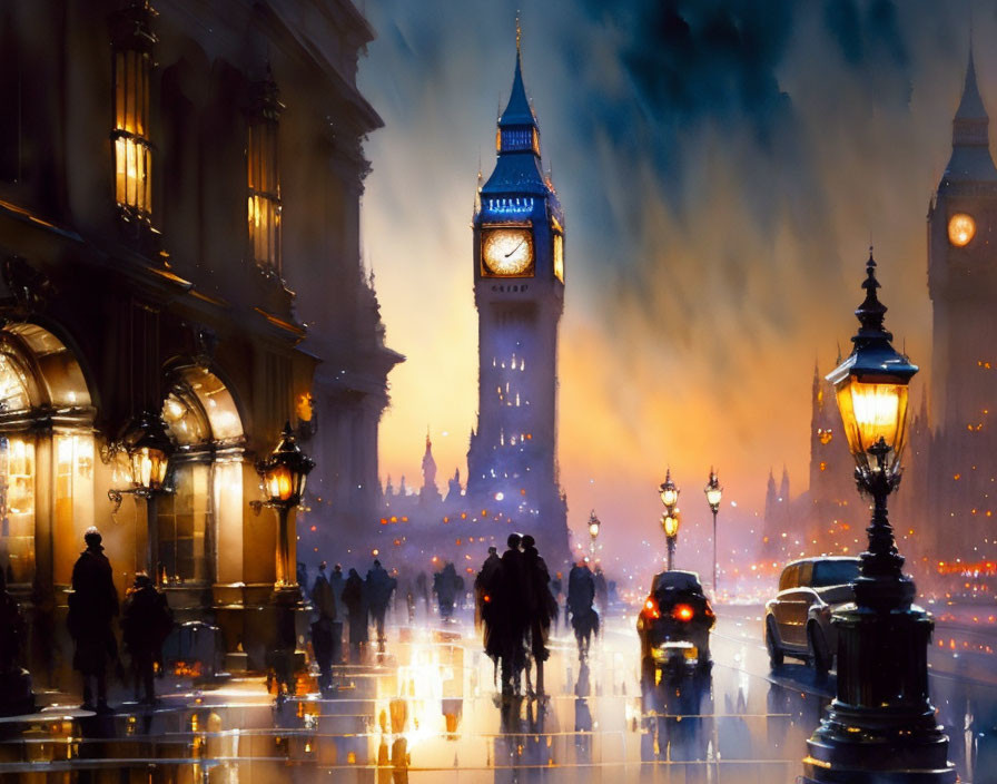 Bustling city street near Big Ben on rainy evening