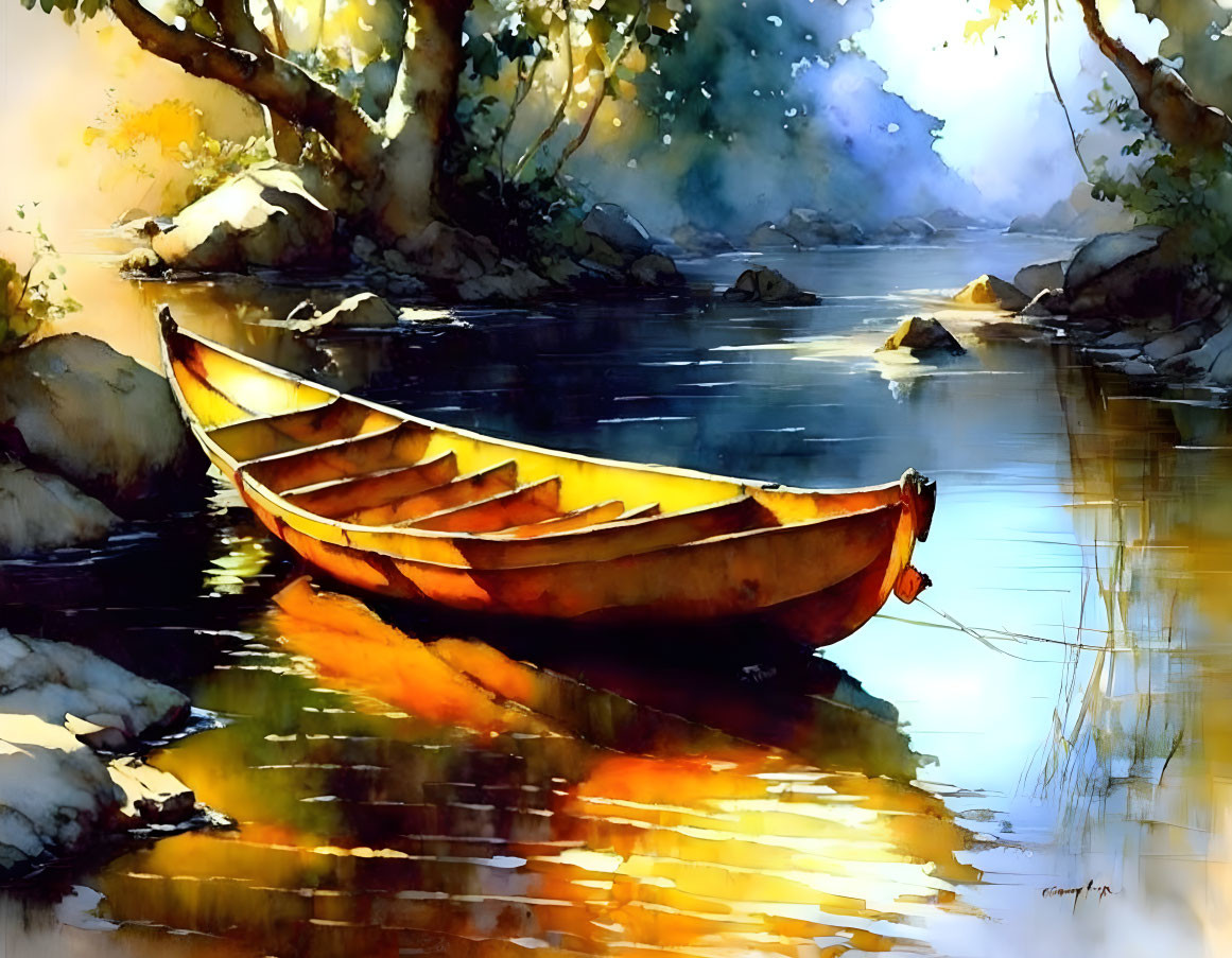 Tranquil watercolor painting of boat on serene river