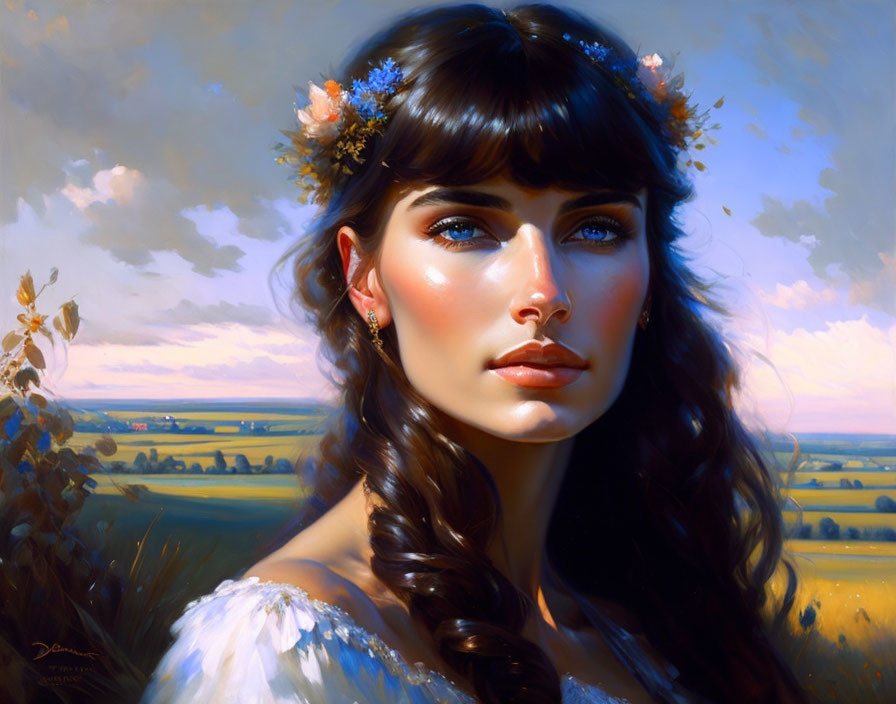 Woman with Blue Eyes and Flower Crown in Pastoral Landscape