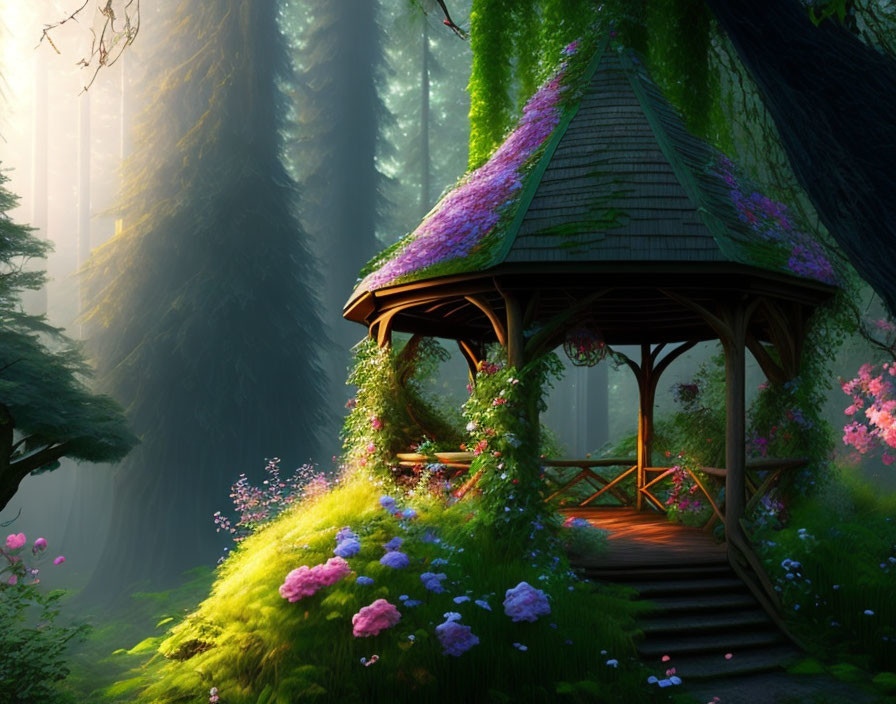 Purple Flower-Covered Gazebo in Mystical Forest