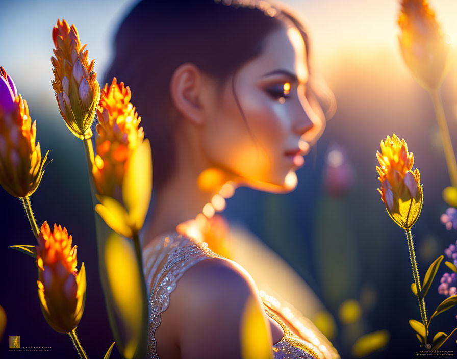 Woman in Bejeweled Dress Surrounded by Glowing Orange Flowers at Sunset