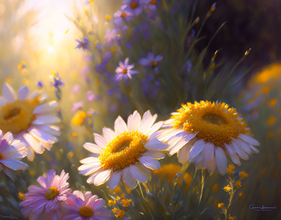 Sunlit meadow with daisies and wildflowers in a serene setting