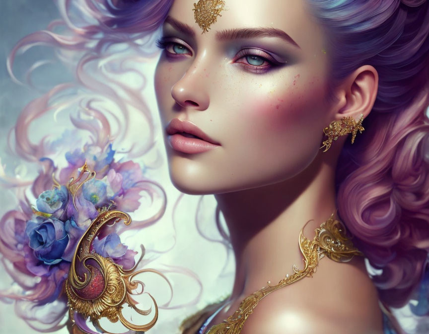 Fantasy portrait featuring woman with pastel purple hair and gold jewelry