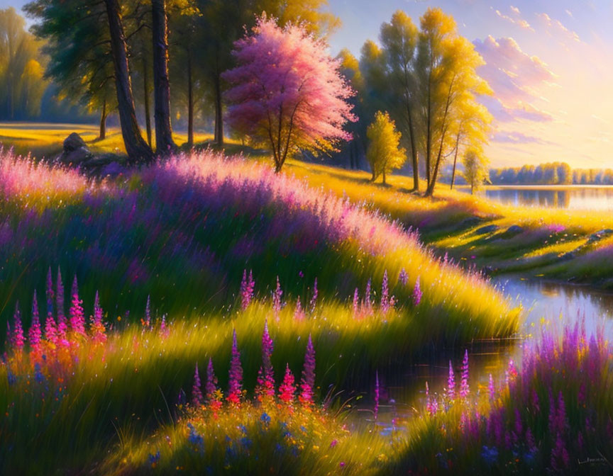 Scenic landscape with purple flower field, pink tree, river, and golden sunlight