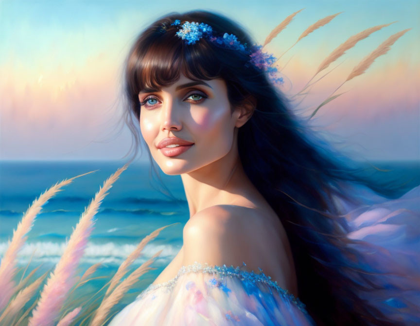 Portrait of Woman with Dark Hair and Blue Eyes Adorned with Flowers in Serene Landscape