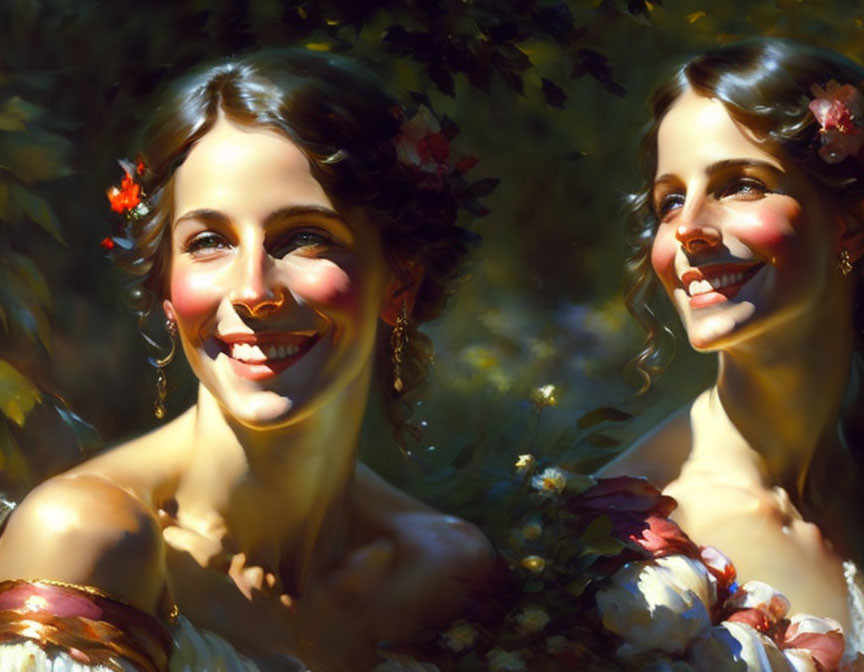 Smiling women with flowers in hair in warm sunlight