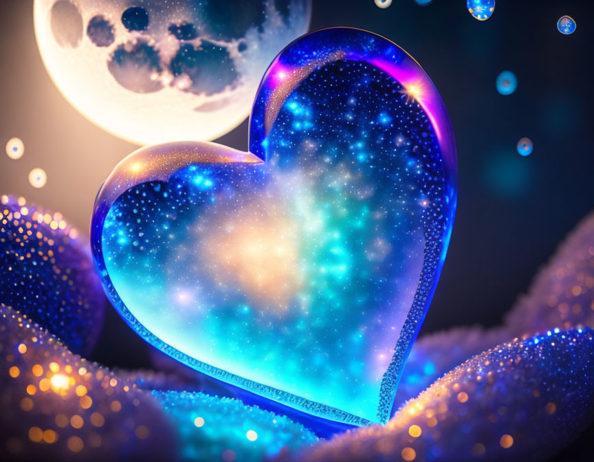 Cosmic-themed heart with starry nebula, moon backdrop, glittery highlights, bokeh effects