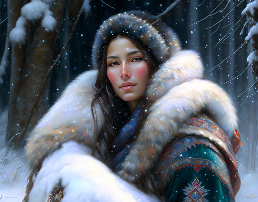 Woman in fur-trimmed cloak in snowy setting