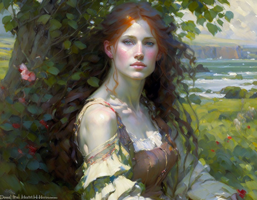 Portrait of a young woman with auburn hair in sunlit landscape