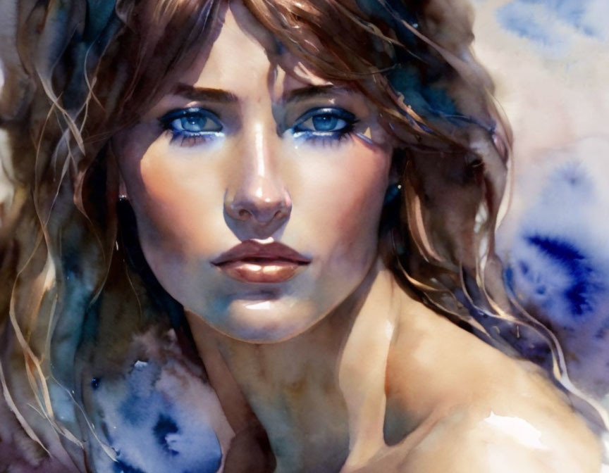 Portrait of a Woman with Intense Blue Eyes in Watercolor