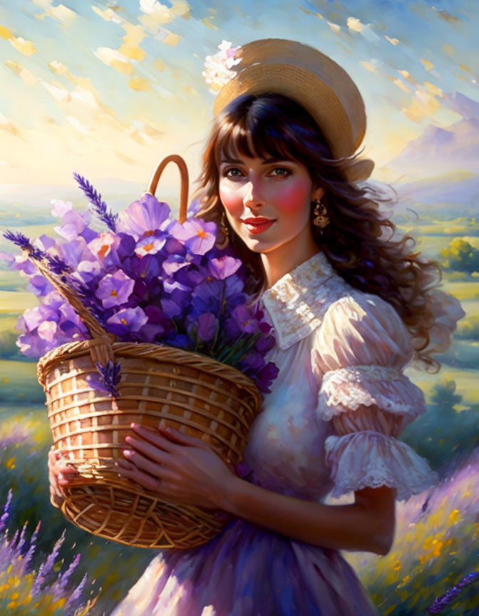 Brown-haired woman in vintage dress with basket of purple flowers in sunlit meadow