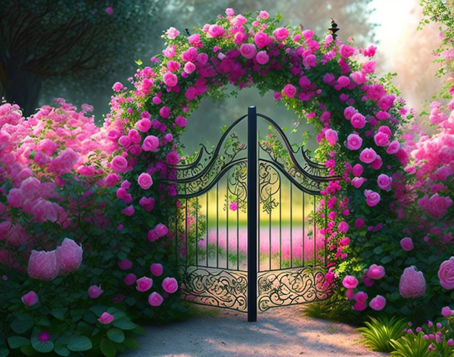 Wrought-iron gate with climbing pink roses in sunlit garden