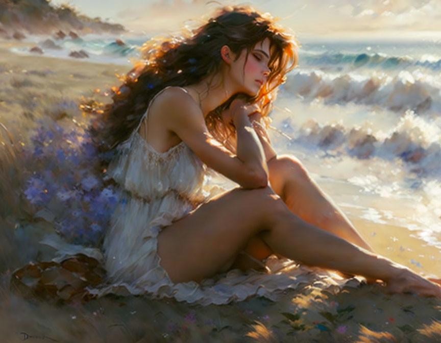 Woman Contemplating on Beach with Waves and Sunlit Hair