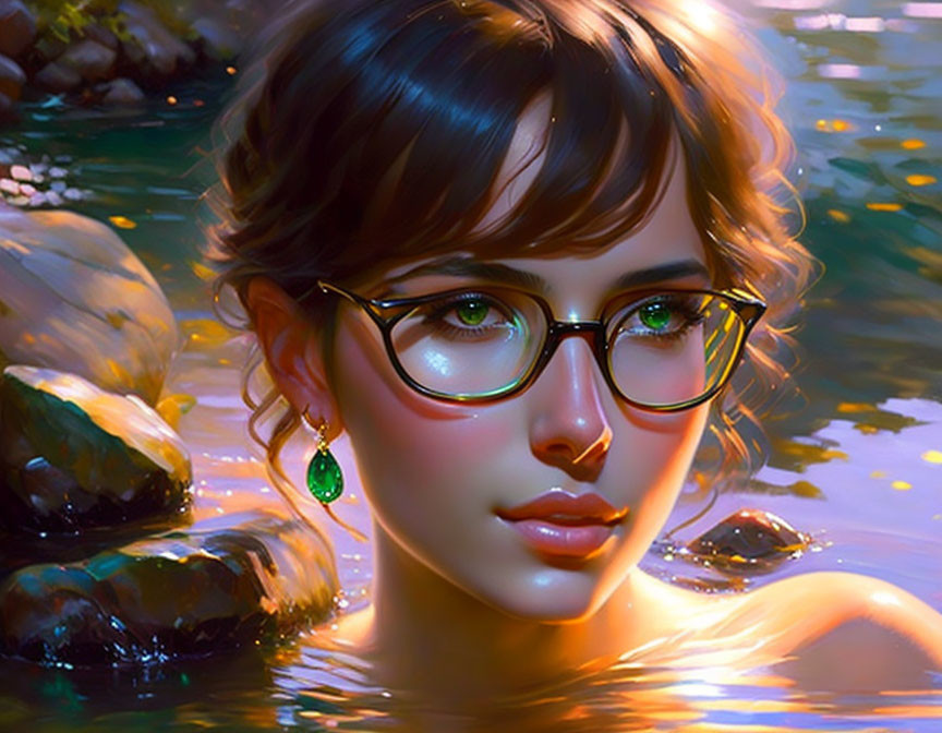 Woman with glasses and earring immersed in tranquil underwater scene