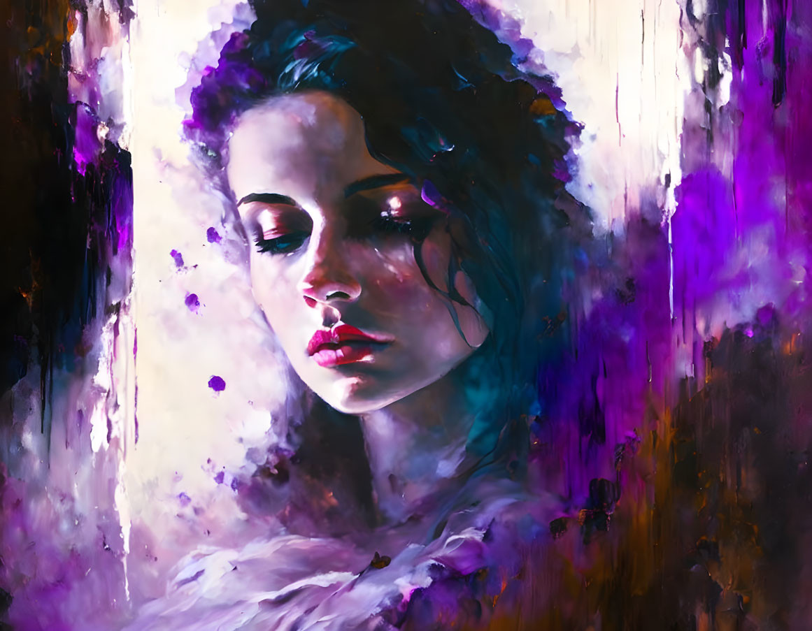 Colorful digital painting of woman with blue hair and bold makeup emerging from purple and pink hues