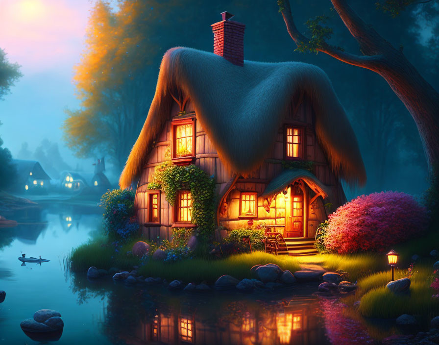 Riverside Thatched Cottage with Glowing Windows at Twilight