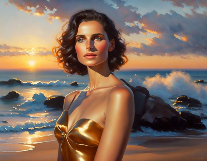 Woman in Gold Dress by Sea at Sunset with Waves Crashing