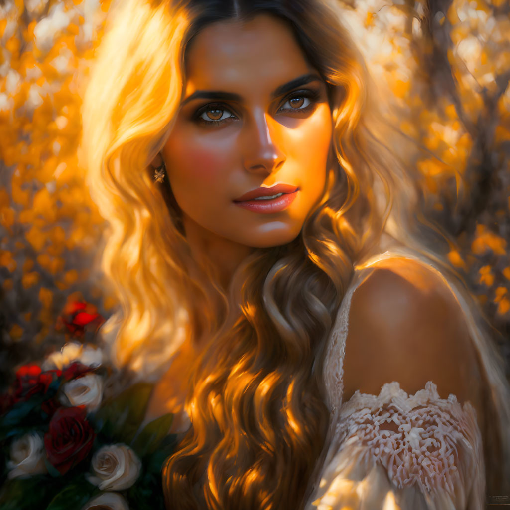 Portrait of woman with wavy blonde hair, blue eyes, red roses, golden light, lace garment