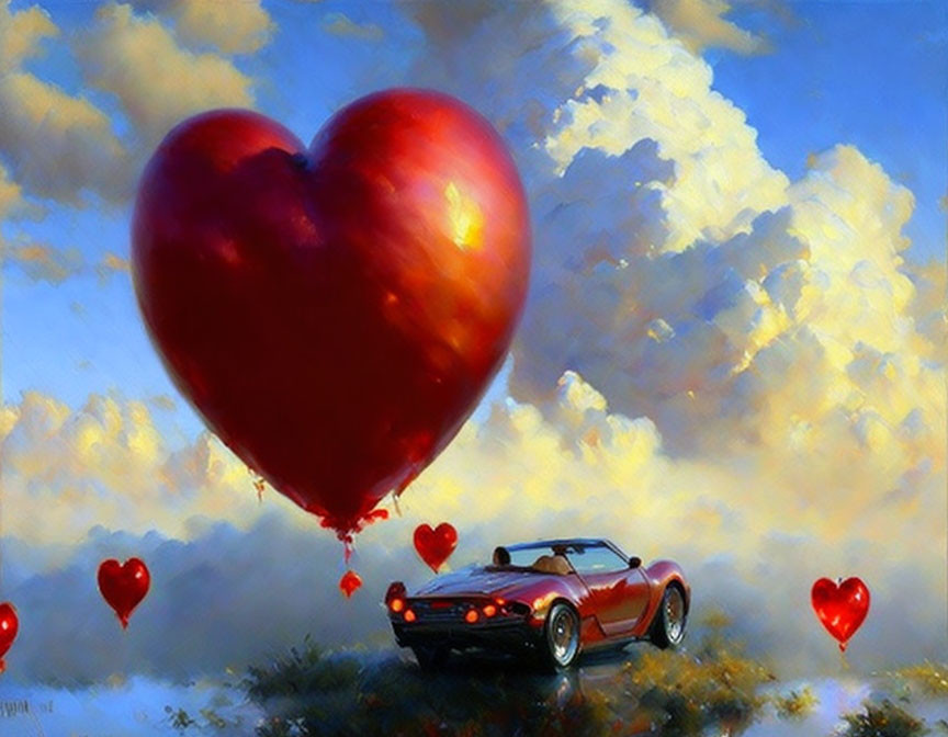 Red sports car parked under heart-shaped balloon in cloudy sky