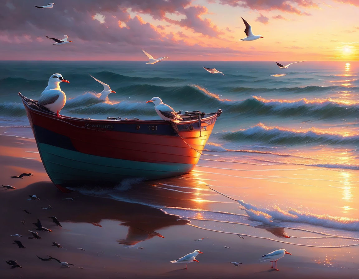 Tranquil sunset beach scene with colorful boat and seagulls