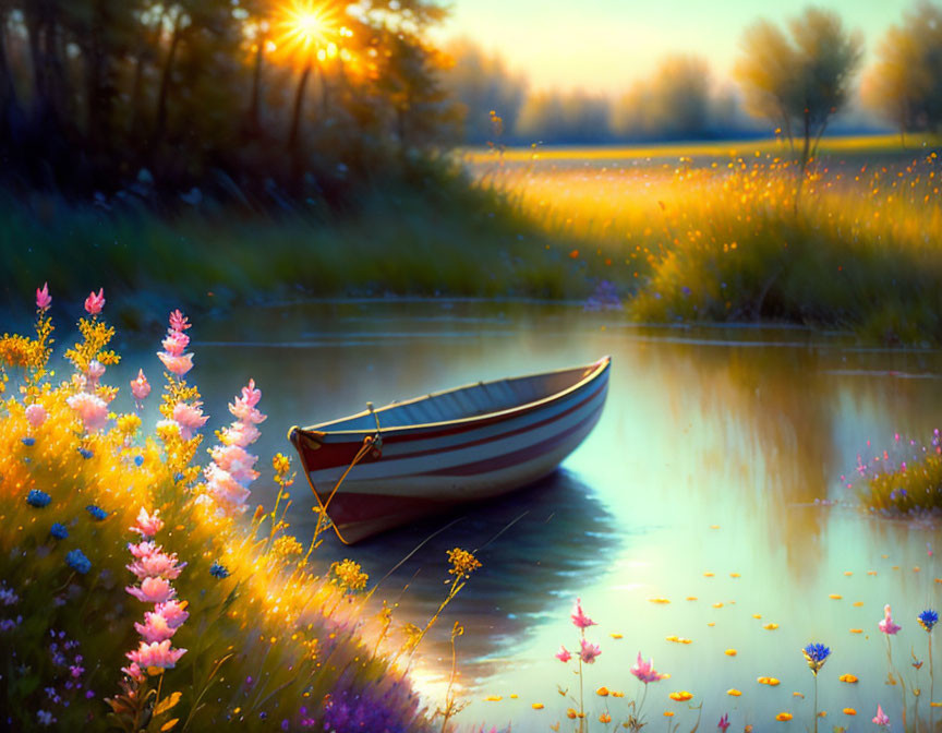 Tranquil river scene with colorful wildflowers and boat at sunset