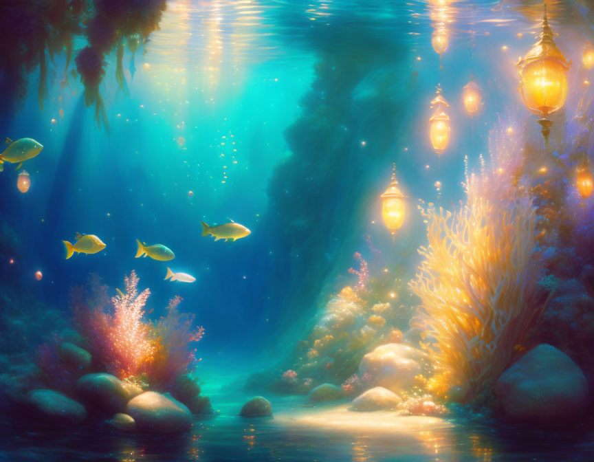 Underwater Scene with Floating Lanterns and Fish Amid Coral