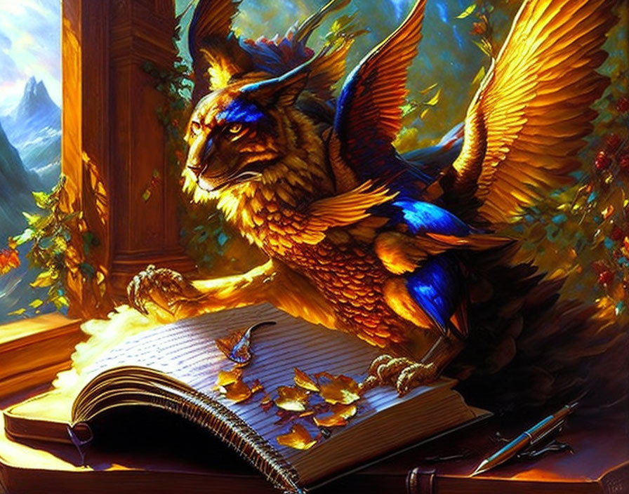 Golden-feathered griffin beside open book in sunlight